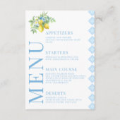 ブルー地中海のタイルレモン結婚のメニューカード エンクロージャーカード (正面)