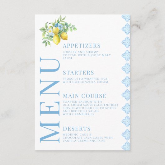 ブルー地中海のタイルレモン結婚のメニューカード エンクロージャーカード (正面)