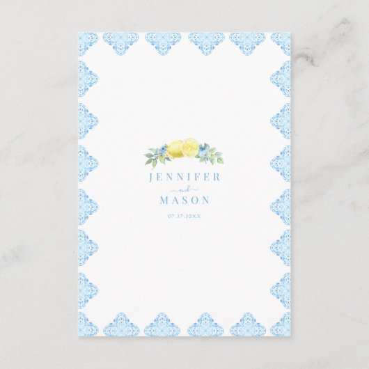 ブルー地中海のタイルレモン結婚のメニューカード エンクロージャーカード (裏面)