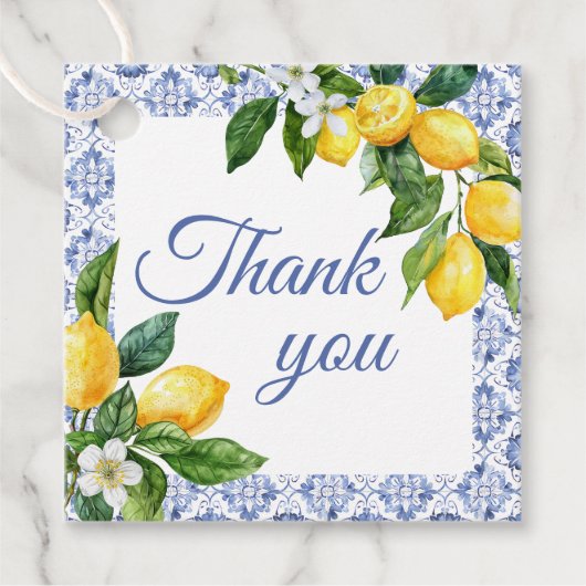 ブルー地中海のタイルレモン赤ちゃんシャワー感謝してい フェイバータグ (正面)