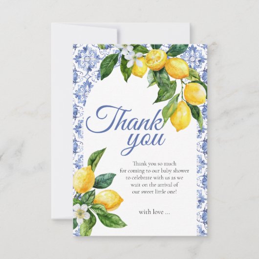 ブルー地中海のタイルレモン赤ちゃんシャワー サンキューカード (正面)