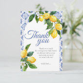 ブルー地中海のタイルレモン赤ちゃんシャワー サンキューカード (スタンド正面)