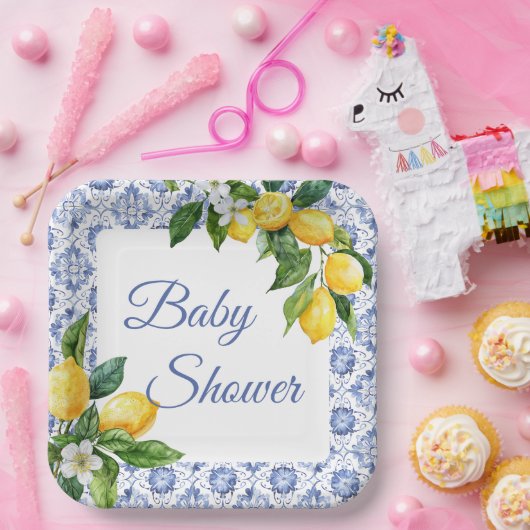 ブルー地中海のタイルレモン赤ちゃんシャワー ペーパープレート (パーティー)