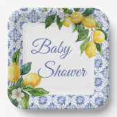 ブルー地中海のタイルレモン赤ちゃんシャワー ペーパープレート (正面)