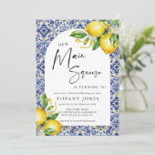 ブルー地中海のタイルレモン70誕生日 招待状 (スタンド正面)