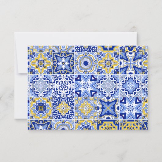 ブルー地中海のタイル&シトラスウェディングRSVPカード 出欠カード (裏面)
