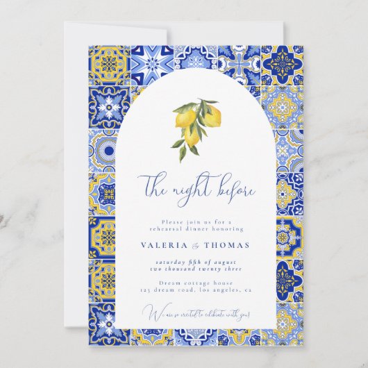 ブルー地中海のタイル&シトラス結婚のリハーサル 招待状 (正面)