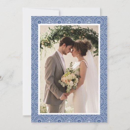 ブルー地中海のタイル&フォトエレガントな結婚式 招待状 (裏面)