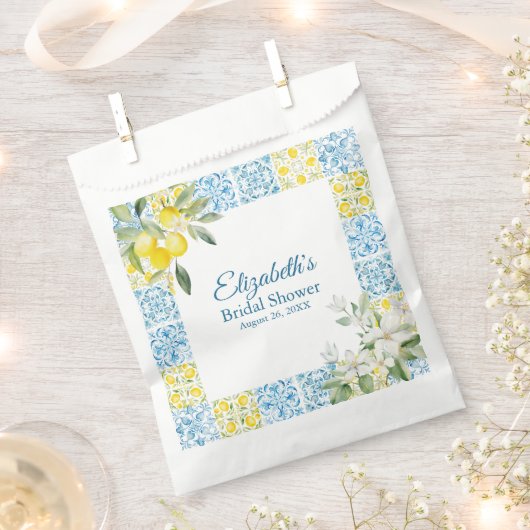 ブルー地中海のタイル&レモンブライダルシャワー フェイバーバッグ (クリップ留めされた状態)