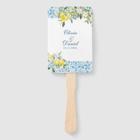 ブルー地中海のタイル&レモン結婚式 プログラム ハンドファン (正面)