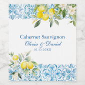 ブルー地中海のタイル&レモ結婚ン ワインラベル (シングルラベル)