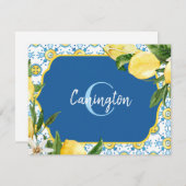 ブルー地中海のレモンモノグラム名 サンキューカード (正面/裏面)