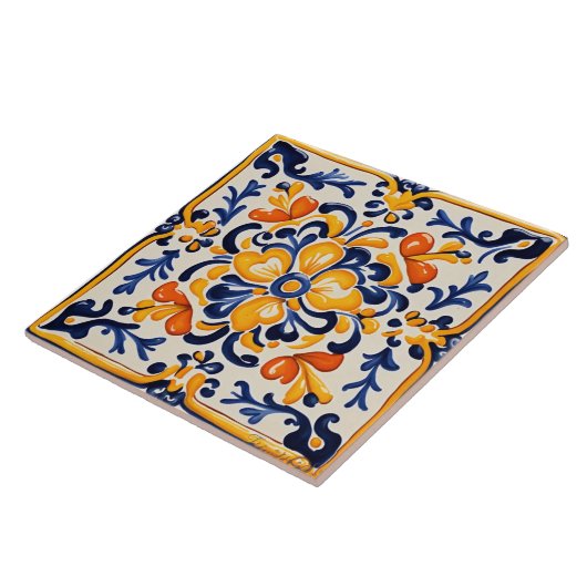 ブルー地中海の&イエローフローラフラワーシチリア タイル (側面)