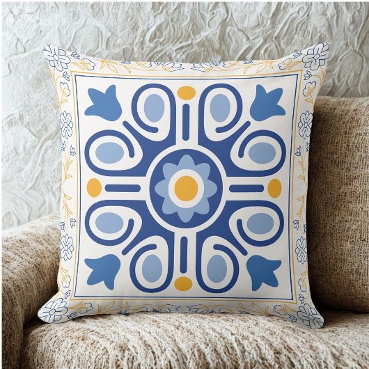 ブルー地中海の&金ゴールドフローラタイル装飾用クッション クッション