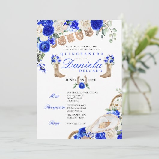 ブルー女性のカーボーイブーツ&ロープマリアチキンセアニラ 招待状 (スタンド正面)