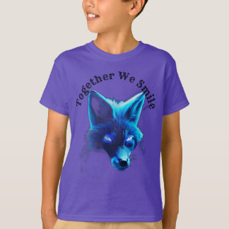 ブルー威厳のあるキツネサイバーパンクのロゴ Tシャツ