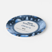 ブルー宇宙アドベンチャーロケット子供の誕生日グラフィック ペーパープレート (アングル)