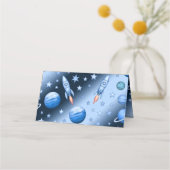 ブルー宇宙テーマ宇宙飛行士ロケット子供の誕生日 プレイスカード (裏面)