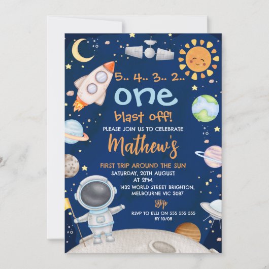 ブルー宇宙ファーストのまわりにトリップサン1st誕生日 招待状 (正面)