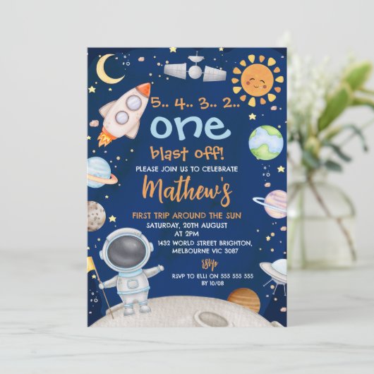 ブルー宇宙ファーストのまわりにトリップサン1st誕生日 招待状 (スタンド正面)