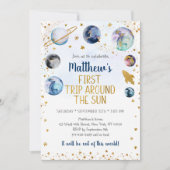 ブルー宇宙ファーストのまわりにトリップザサン誕生日 招待状 (正面)