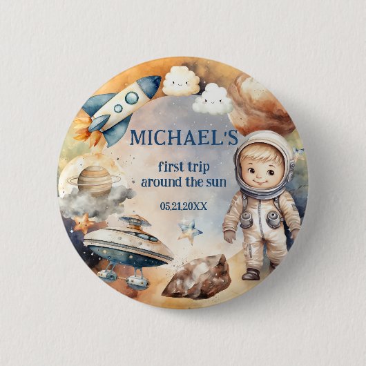 ブルー宇宙ファーストのまわりにトリップザサン誕生日 缶バッジ (正面)