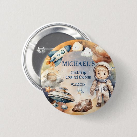 ブルー宇宙ファーストのまわりにトリップザサン誕生日 缶バッジ (正面&裏面)