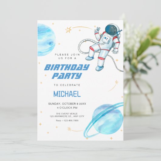 ブルー宇宙宇宙飛行士誕生日 招待状 (スタンド正面)