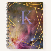 ブルー宇宙金ゴールドグリッタースパークルネームモノグラム ノートブック (正面)