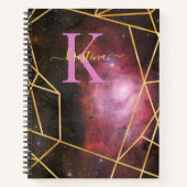 ブルー宇宙金ゴールドグリッタースパークルネームモノグラム ノートブック (正面)