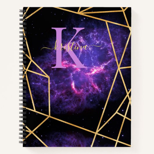 ブルー宇宙金ゴールドグリッタースパークルネームモノグラム ノートブック (正面)