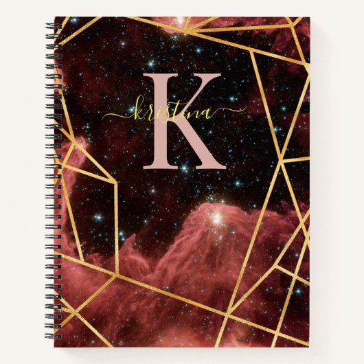 ブルー宇宙金ゴールドグリッタースパークルネームモノグラム ノートブック (正面)