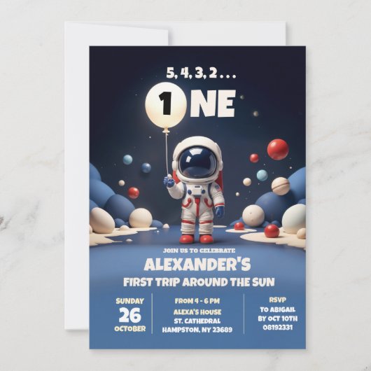 ブルー宇宙飛行士アウタースペースファースト誕生日ボーイ 招待状 (正面)