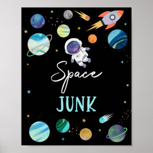 ブルー宇宙飛行士宇宙ジャンク誕生日標識 ポスター