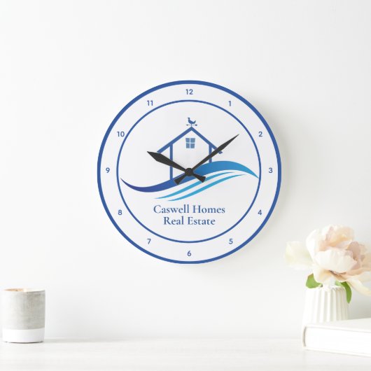 ブルー実在エステート会社モダンロゴカスタム事務所 ラージ壁時計 (ホーム)