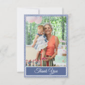 ブルー市松模様にジンガム誕生日ありがとう写真 サンキューカード (正面)