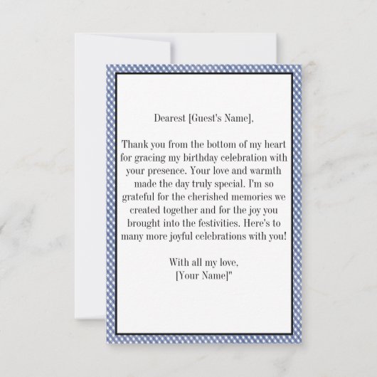 ブルー市松模様にジンガム誕生日ありがとう写真 サンキューカード (裏面)