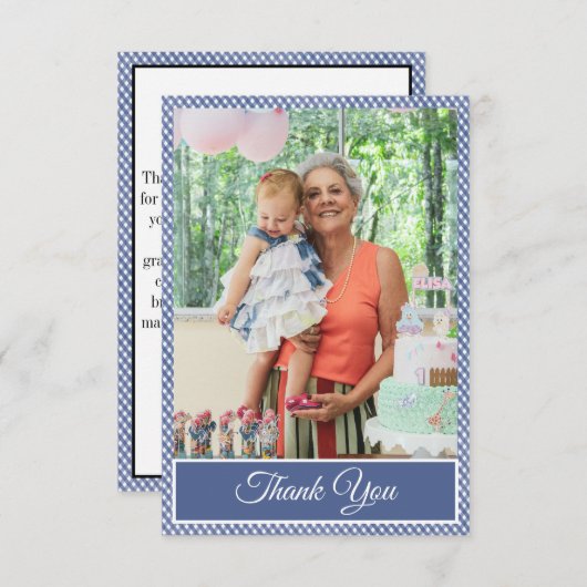 ブルー市松模様にジンガム誕生日ありがとう写真 サンキューカード (正面/裏面)