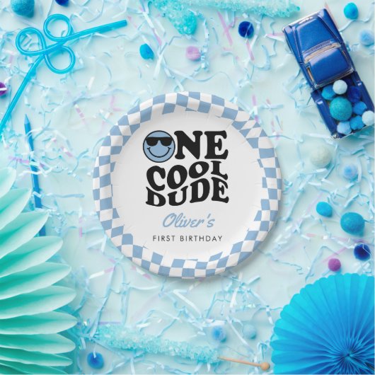 ブルー市松模様にスマイルワンクールデュデ第1誕生日 ペーパープレート (パーティー)