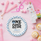 ブルー市松模様にスマイルワンクールデュデ第1誕生日 ペーパープレート (パーティー)