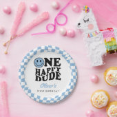 ブルー市松模様にスマイルワンハッピードダード1歳の誕生日 ペーパープレート (パーティー)