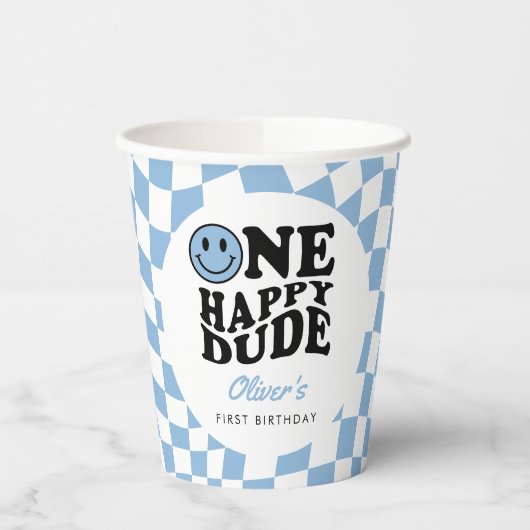 ブルー市松模様にスマイルワンハッピードダード1歳の誕生日 紙コップ (左)