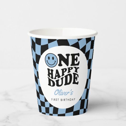 ブルー市松模様にスマイルワンハッピードダード1歳の誕生日 紙コップ (左)