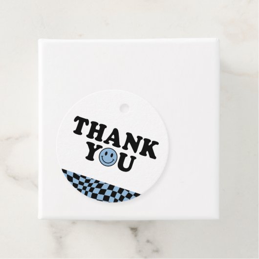 ブルー市松模様にスマイル名門私立校風の誕生日ありがとう フェイバータグ (インサイチュ)