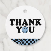 ブルー市松模様にスマイル名門私立校風の誕生日ありがとう フェイバータグ (正面)