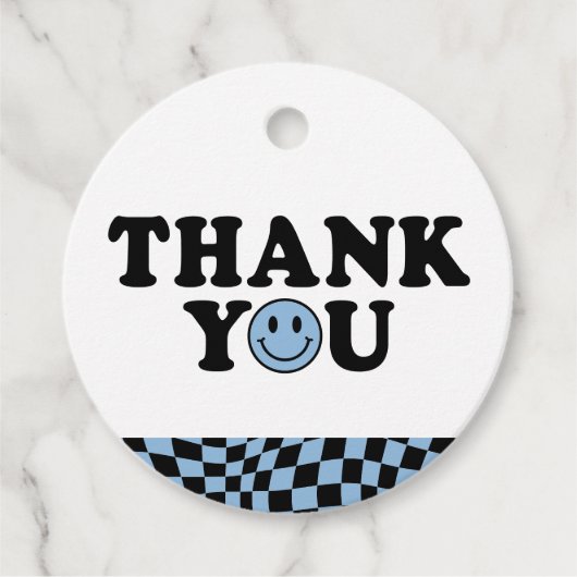 ブルー市松模様にスマイル名門私立校風の誕生日ありがとう フェイバータグ (正面)