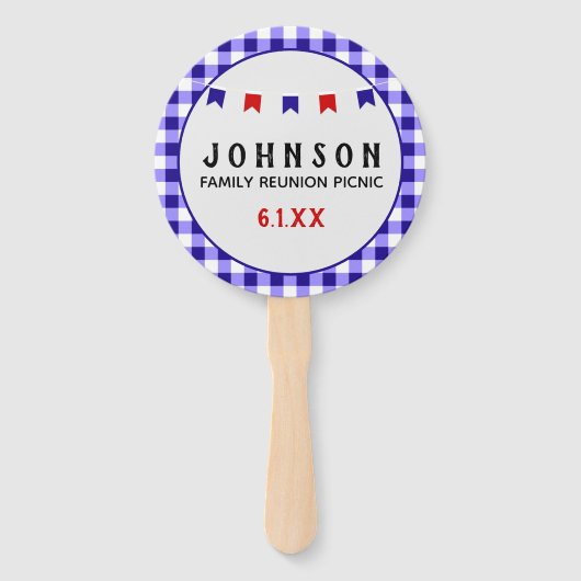 ブルー市松模様にタブレクロスサマーピクニック懇親会 ハンドファン (正面)
