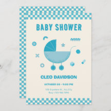 ブルー市松模様にベビーベビーカーの赤ちゃんシャワー