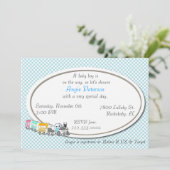 ブルー市松模様に男の赤ちゃんシャワー招待状 招待状 (スタンド正面)