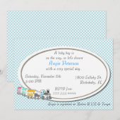 ブルー市松模様に男の赤ちゃんシャワー招待状 招待状 (正面/裏面)